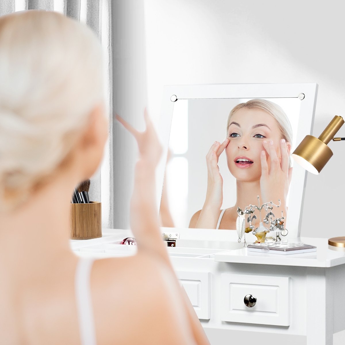 Vanity Dressing Table Set with Flip Top Mirror and 3 Drawers, White - Gallery Canada