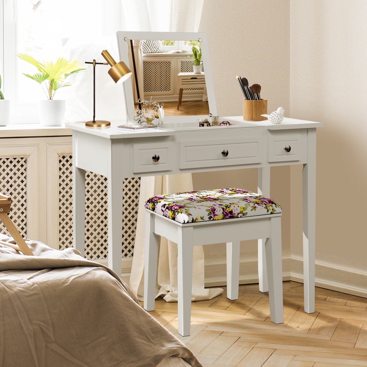 Vanity Dressing Table Set with Flip Top Mirror and 3 Drawers, White Makeup Vanities   at Gallery Canada