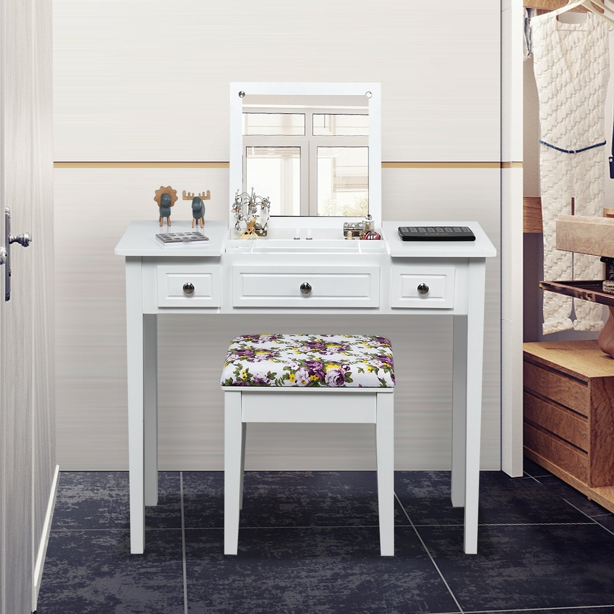 Vanity Dressing Table Set with Flip Top Mirror and 3 Drawers, White Makeup Vanities   at Gallery Canada