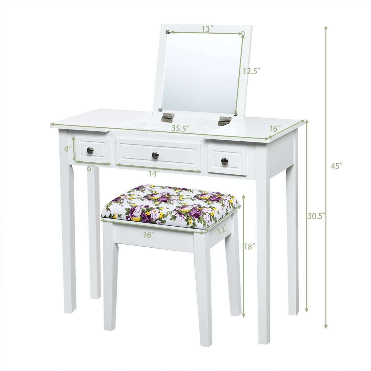 Vanity Dressing Table Set with Flip Top Mirror and 3 Drawers, White Makeup Vanities   at Gallery Canada