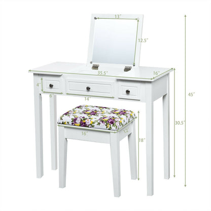 Vanity Dressing Table Set with Flip Top Mirror and 3 Drawers, White - Gallery Canada