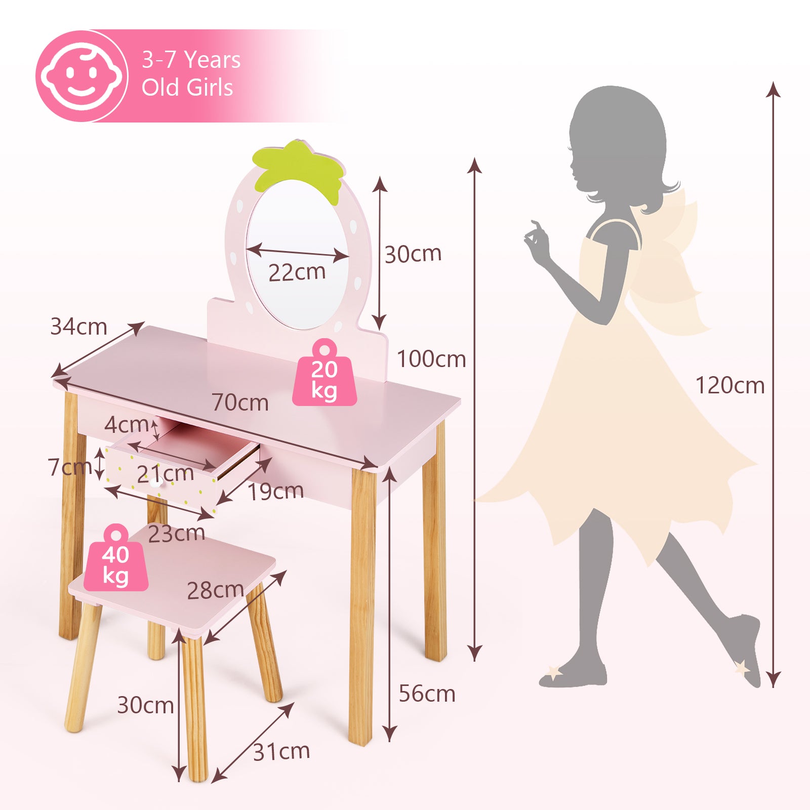 2-in-1 Children Vanity Table Stool Set with Mirror, Pink Kids Vanities at Gallery Canada