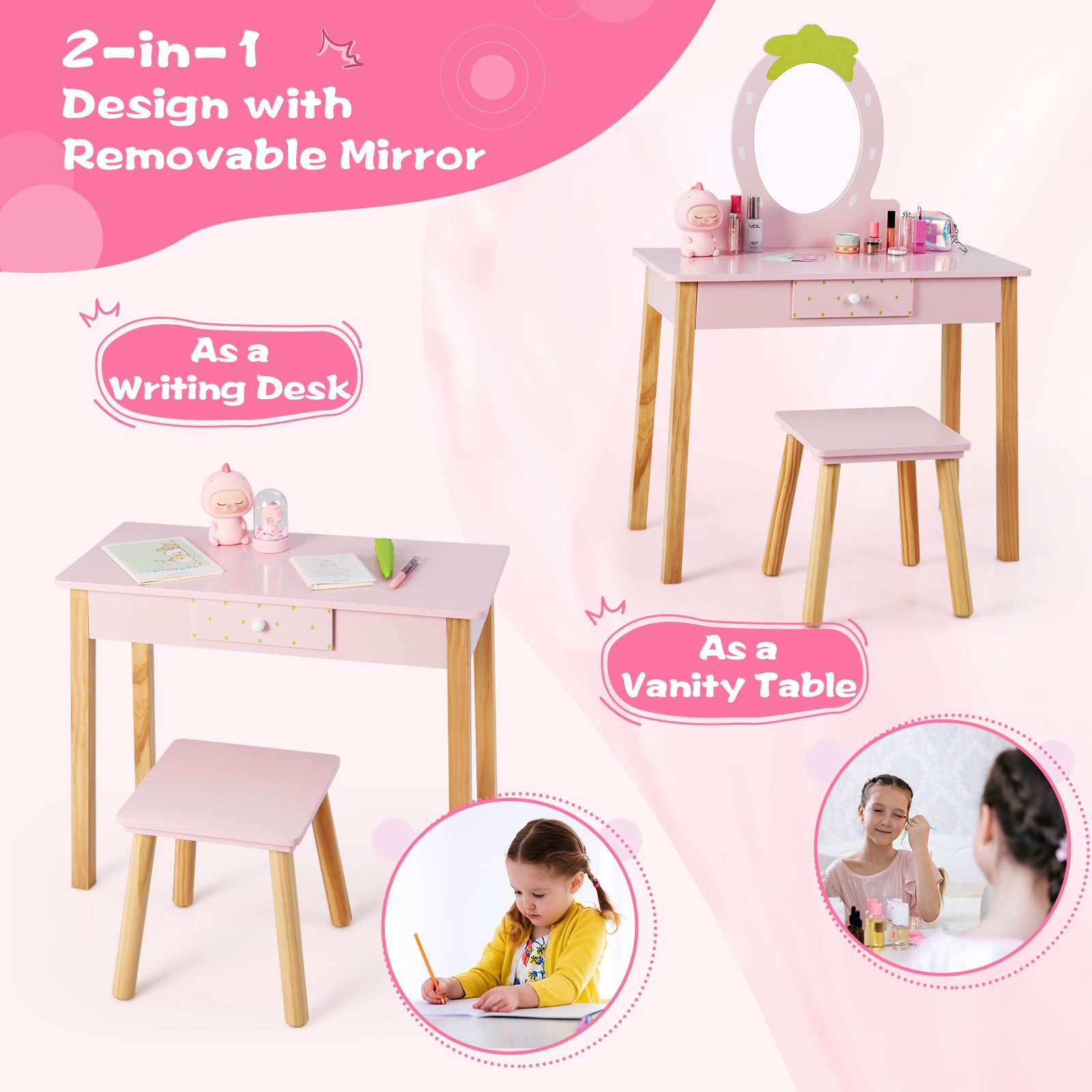 2-in-1 Children Vanity Table Stool Set with Mirror, Pink Kids Vanities at Gallery Canada