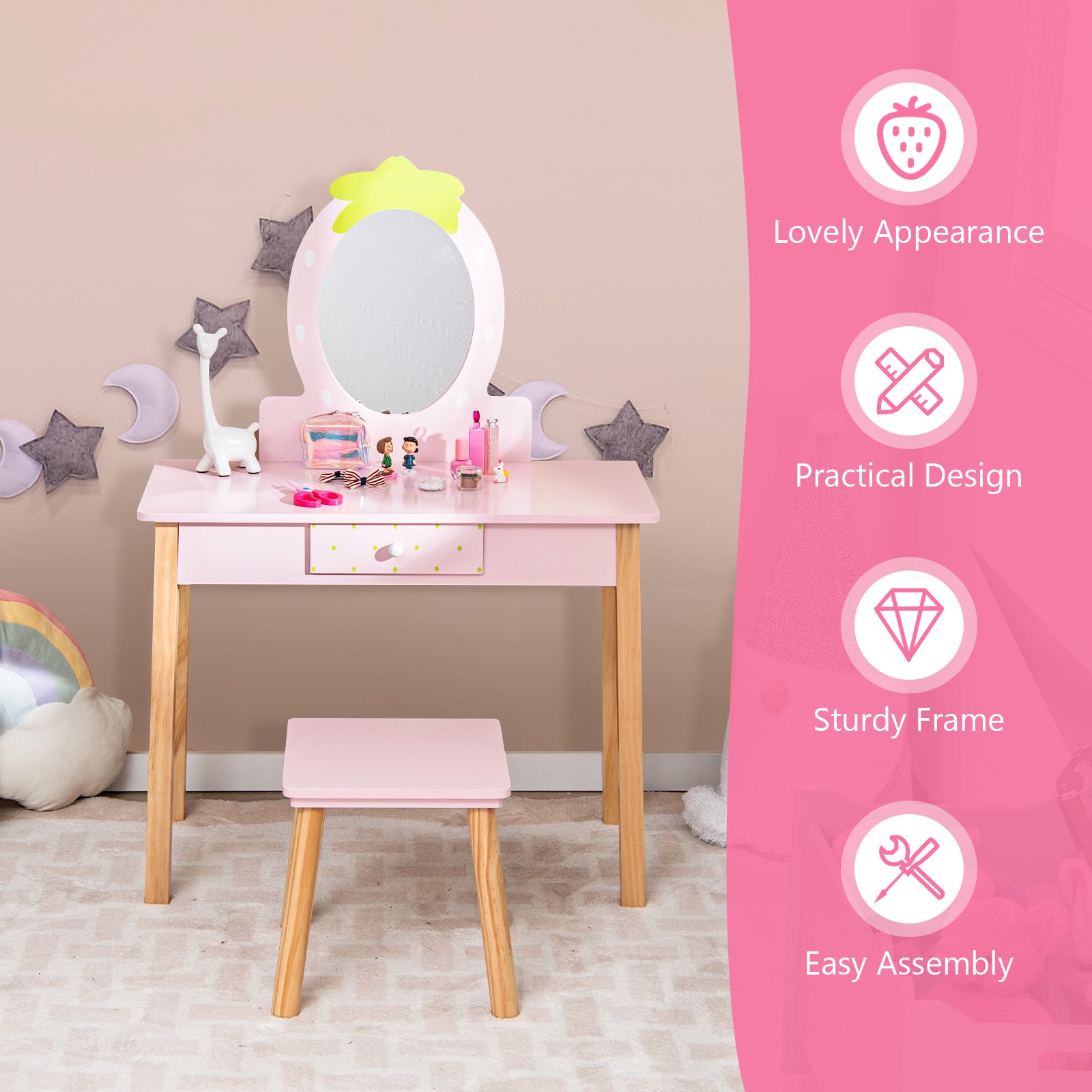 2-in-1 Children Vanity Table Stool Set with Mirror, Pink Kids Vanities at Gallery Canada