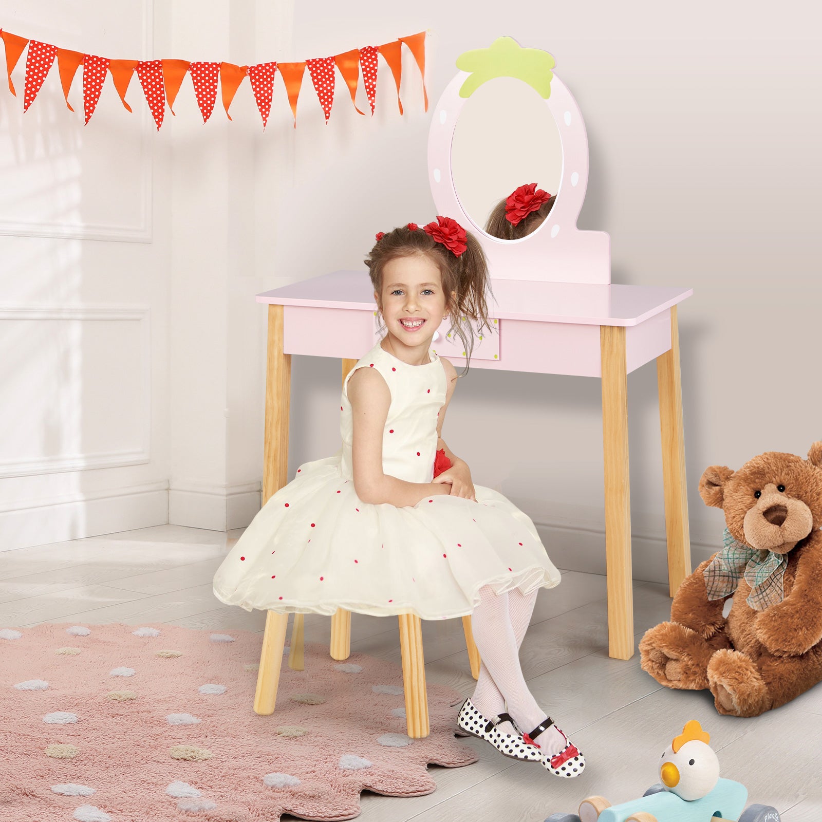 2-in-1 Children Vanity Table Stool Set with Mirror, Pink Kids Vanities at Gallery Canada