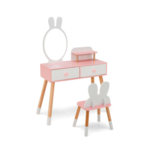 Kids Vanity Table and Chair Set with Drawer Shelf and Rabbit Mirror, White