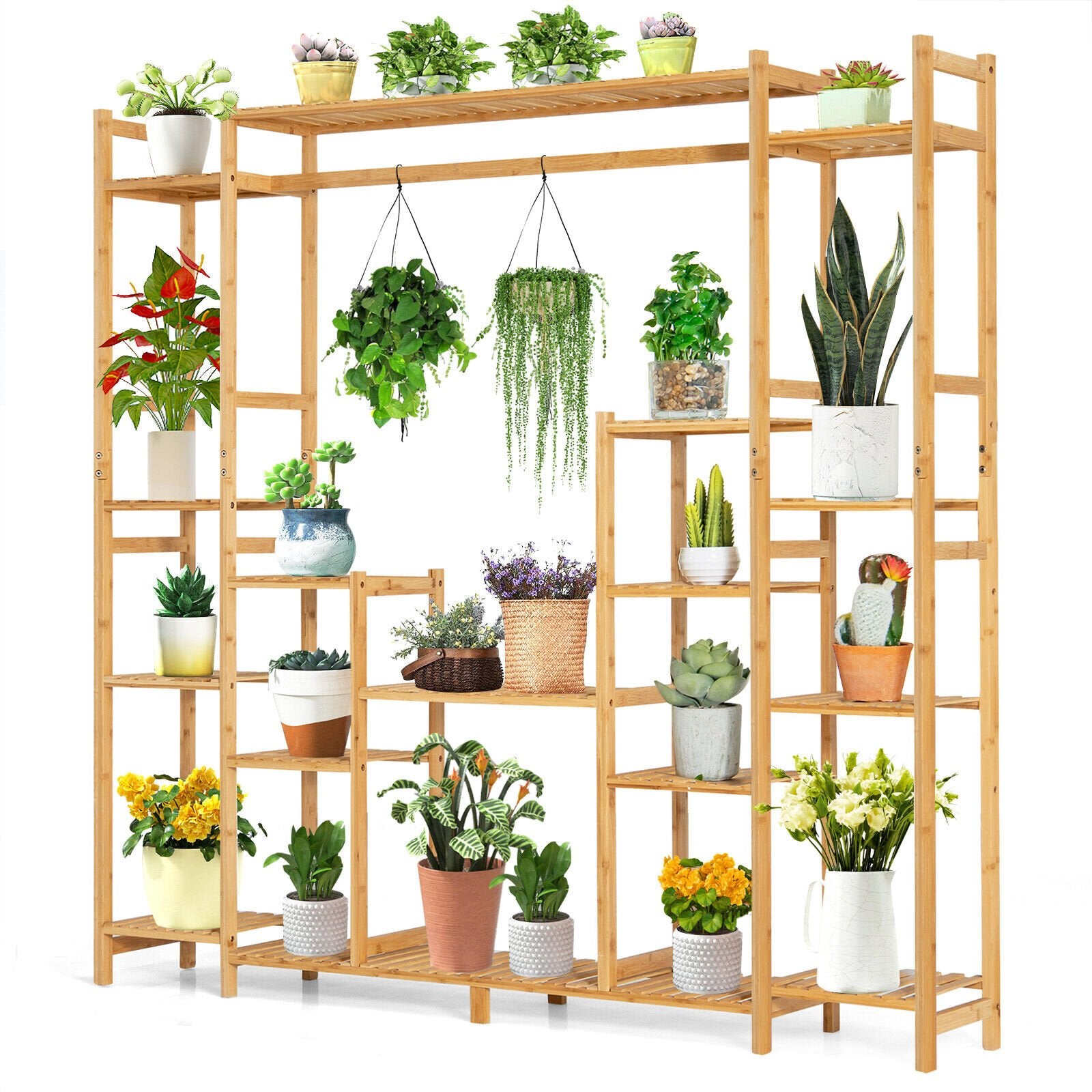 9-Tier Bamboo Plant Stand with Hanging Rack, Natural Plant Stands   at Gallery Canada