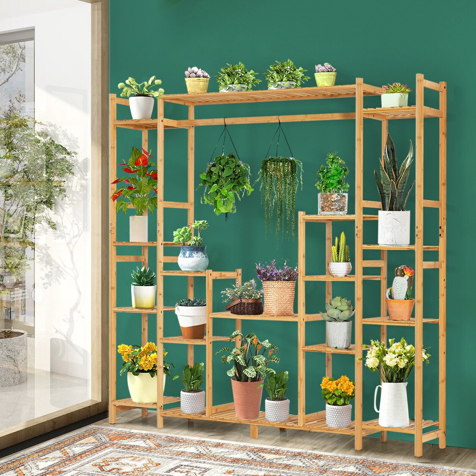 9-Tier Bamboo Plant Stand with Hanging Rack, Natural Plant Stands   at Gallery Canada