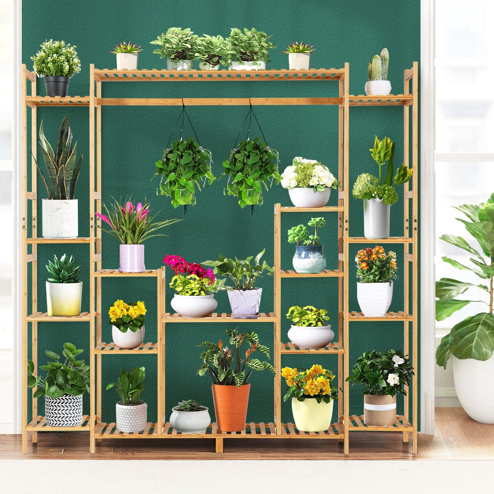 9-Tier Bamboo Plant Stand with Hanging Rack, Natural Plant Stands   at Gallery Canada