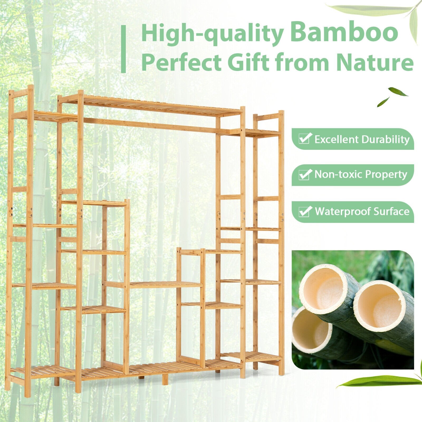 9-Tier Bamboo Plant Stand with Hanging Rack, Natural Plant Stands   at Gallery Canada