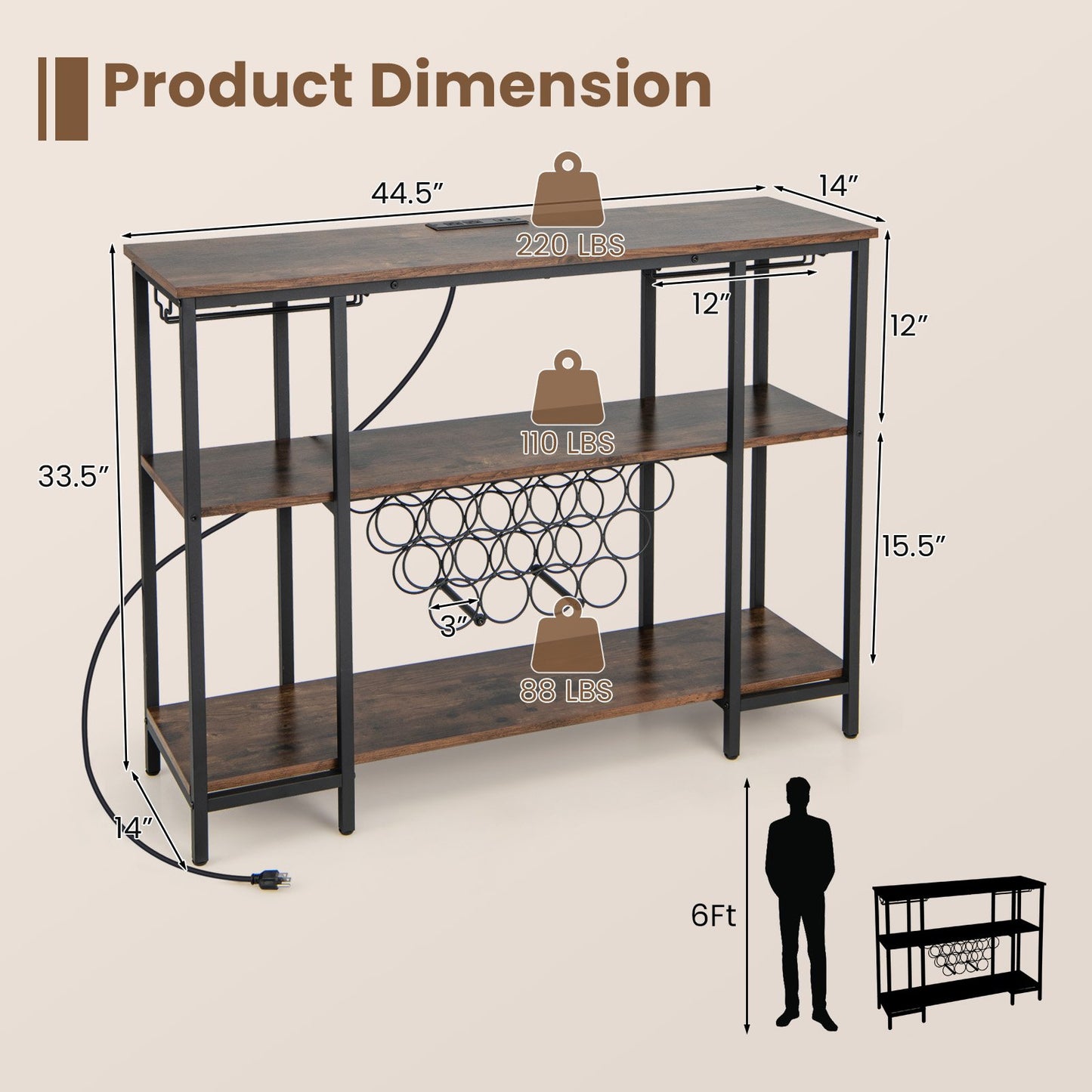 Industrial Wine Rack Wine Bar Cabinet with Storage Shelves, Brown Wine Racks   at Gallery Canada