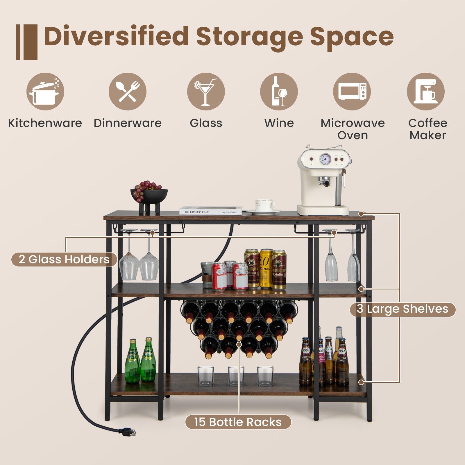 Industrial Wine Rack Wine Bar Cabinet with Storage Shelves, Brown Wine Racks   at Gallery Canada