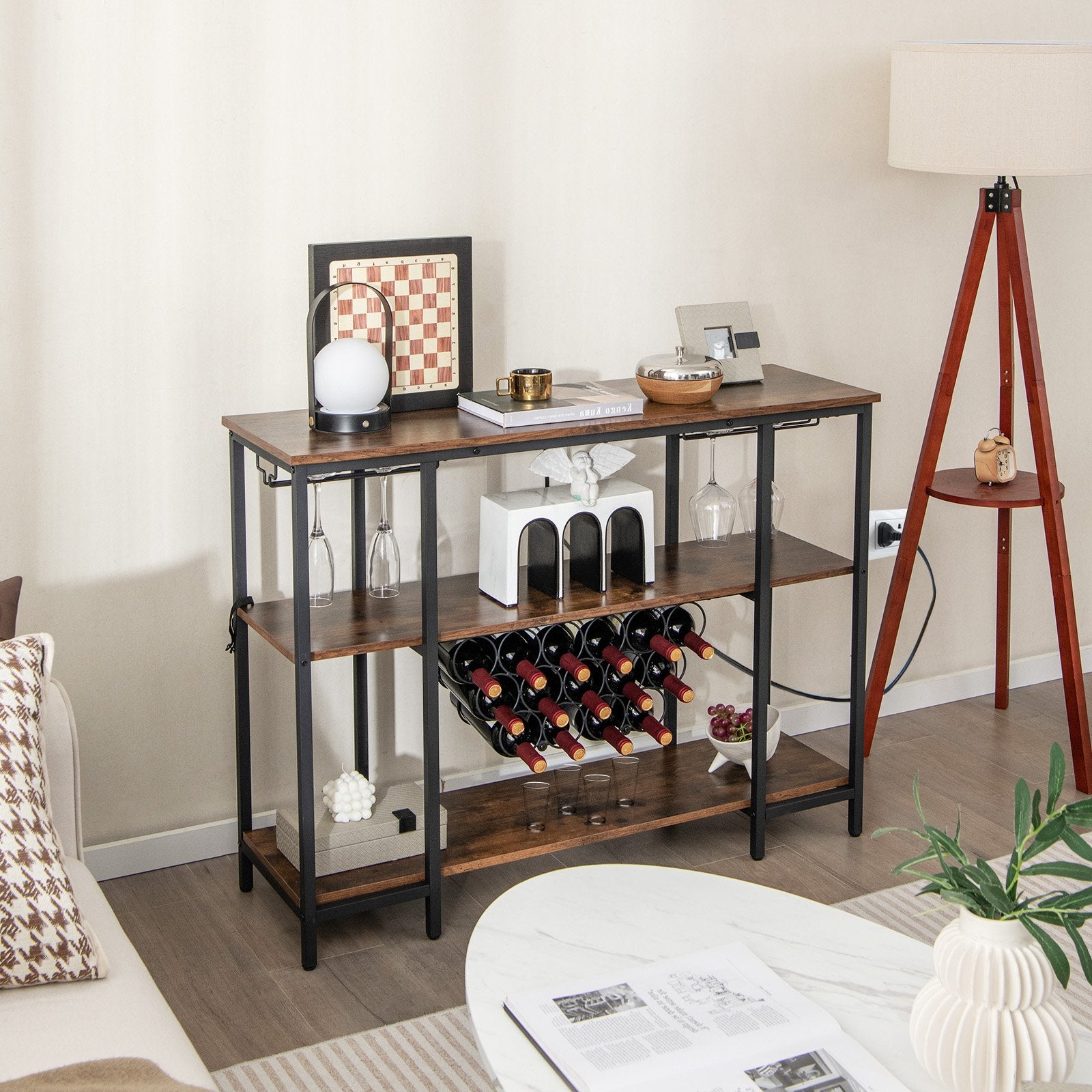 Industrial Wine Rack Wine Bar Cabinet with Storage Shelves, Brown Wine Racks   at Gallery Canada