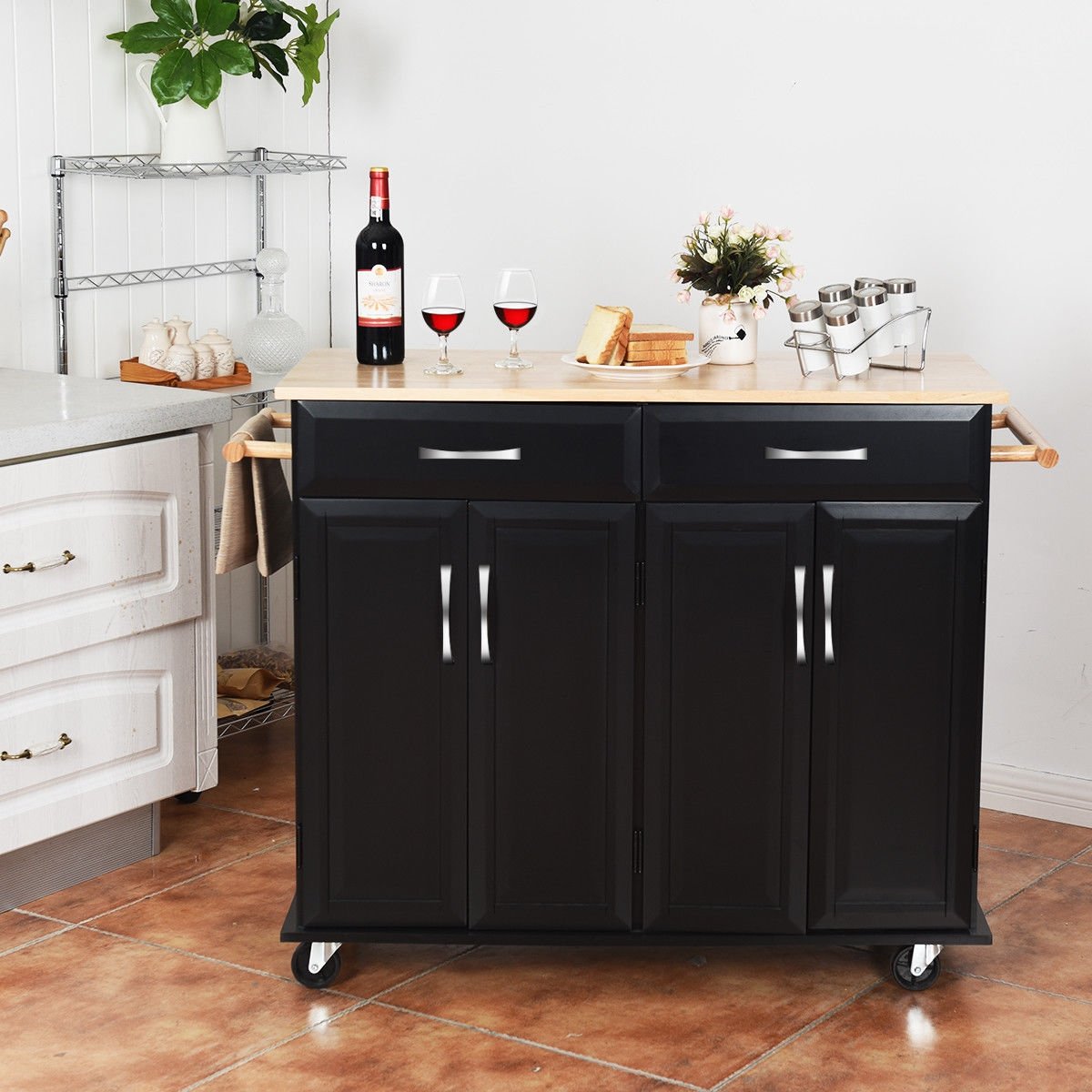 Wood Top Rolling Kitchen Trolley Island Cart Storage Cabinet, Black Kitchen Islands & Carts   at Gallery Canada