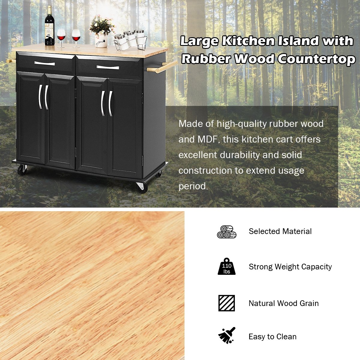 Wood Top Rolling Kitchen Trolley Island Cart Storage Cabinet, Black Kitchen Islands & Carts   at Gallery Canada