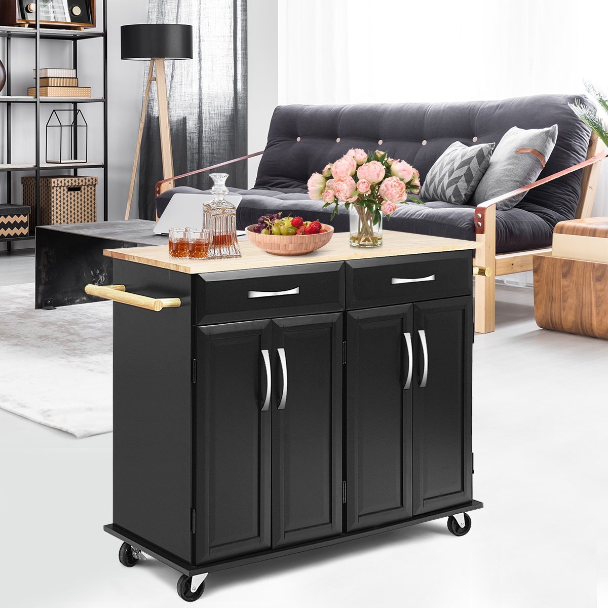 Wood Top Rolling Kitchen Trolley Island Cart Storage Cabinet, Black - Gallery Canada