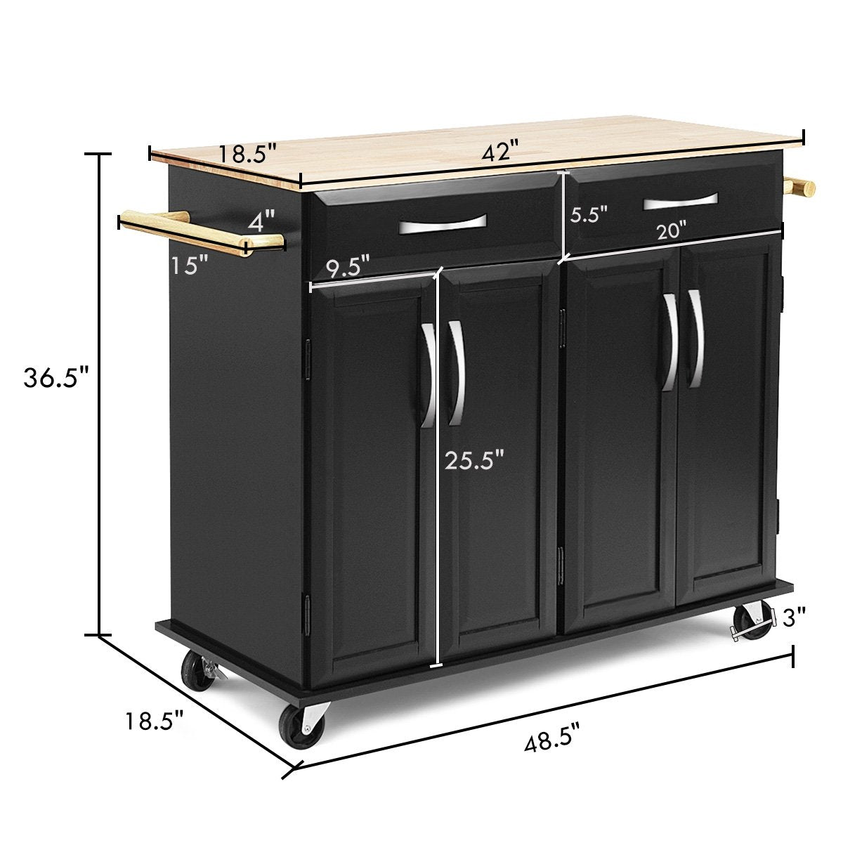 Wood Top Rolling Kitchen Trolley Island Cart Storage Cabinet, Black Kitchen Islands & Carts   at Gallery Canada