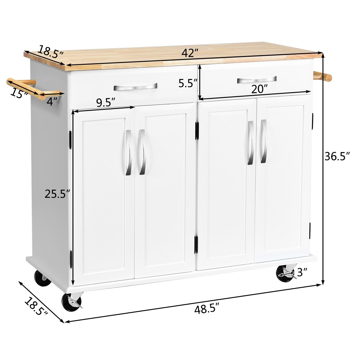 Wood Top Rolling Kitchen Trolley Island Cart Storage Cabinet, White Kitchen Islands & Carts   at Gallery Canada