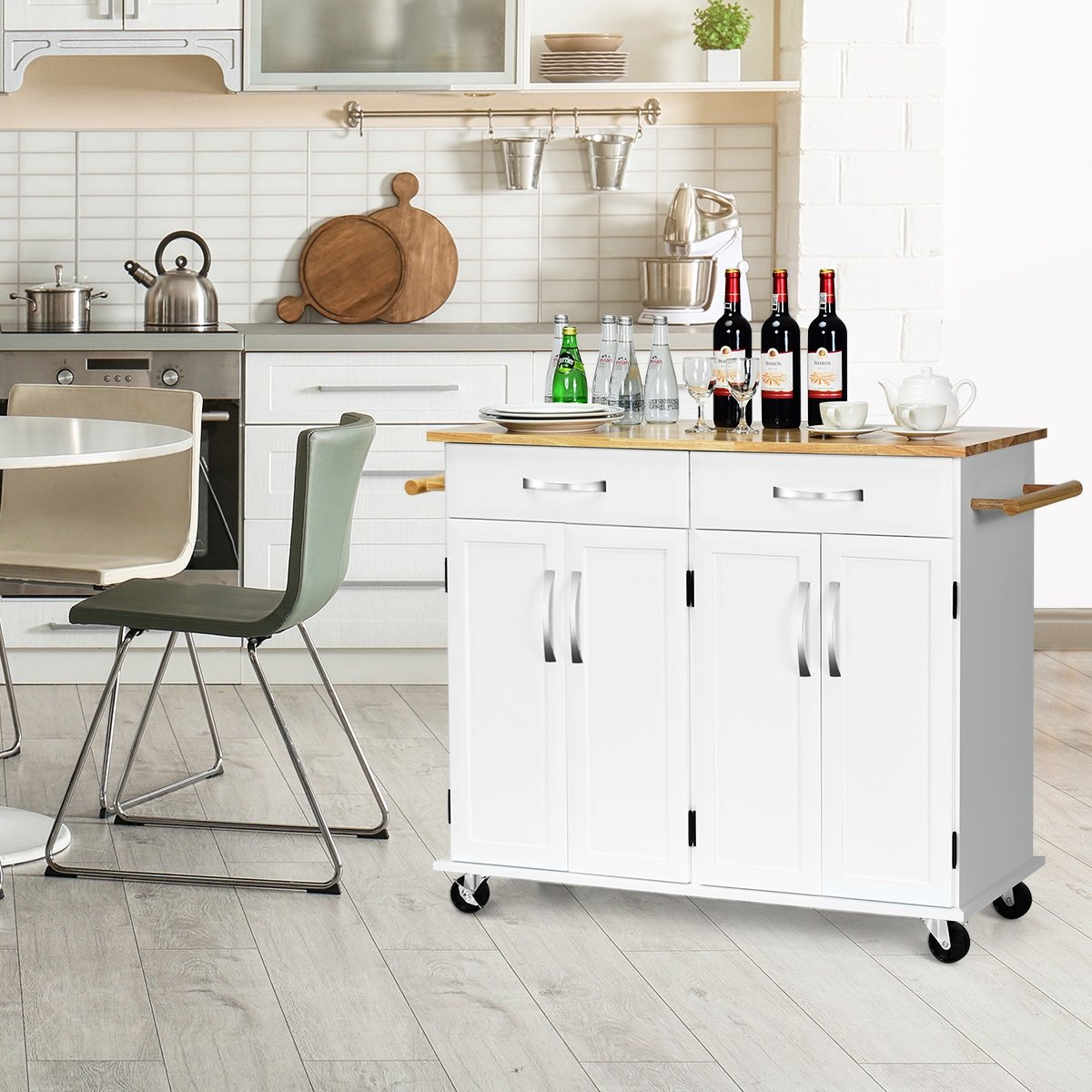 Wood Top Rolling Kitchen Trolley Island Cart Storage Cabinet, White Kitchen Islands & Carts   at Gallery Canada