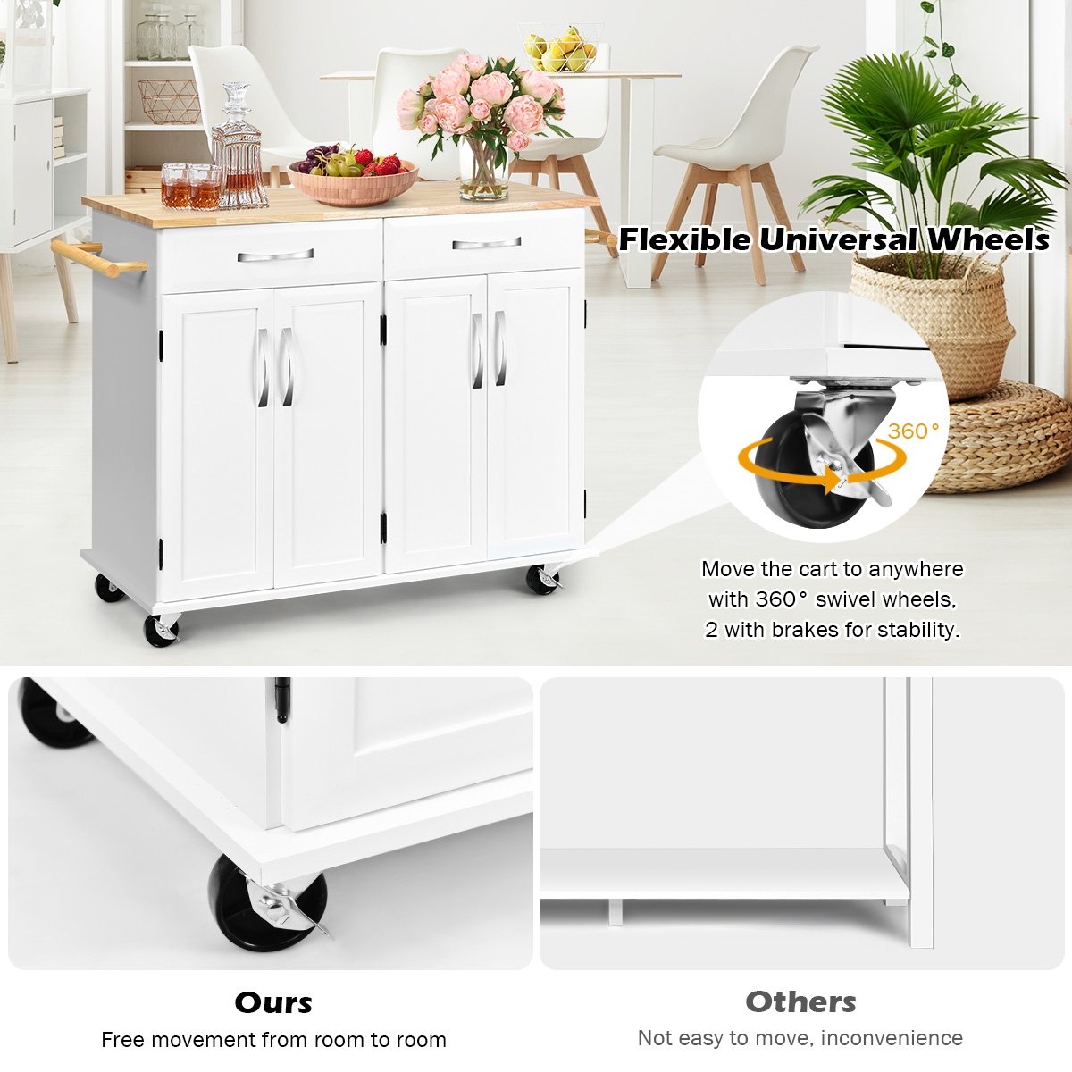 Wood Top Rolling Kitchen Trolley Island Cart Storage Cabinet, White Kitchen Islands & Carts   at Gallery Canada