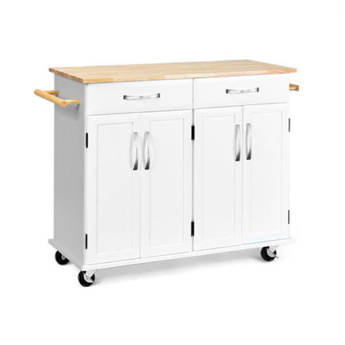 Wood Top Rolling Kitchen Trolley Island Cart Storage Cabinet, White