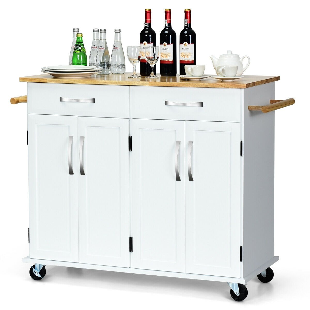 Wood Top Rolling Kitchen Trolley Island Cart Storage Cabinet, White Kitchen Islands & Carts   at Gallery Canada