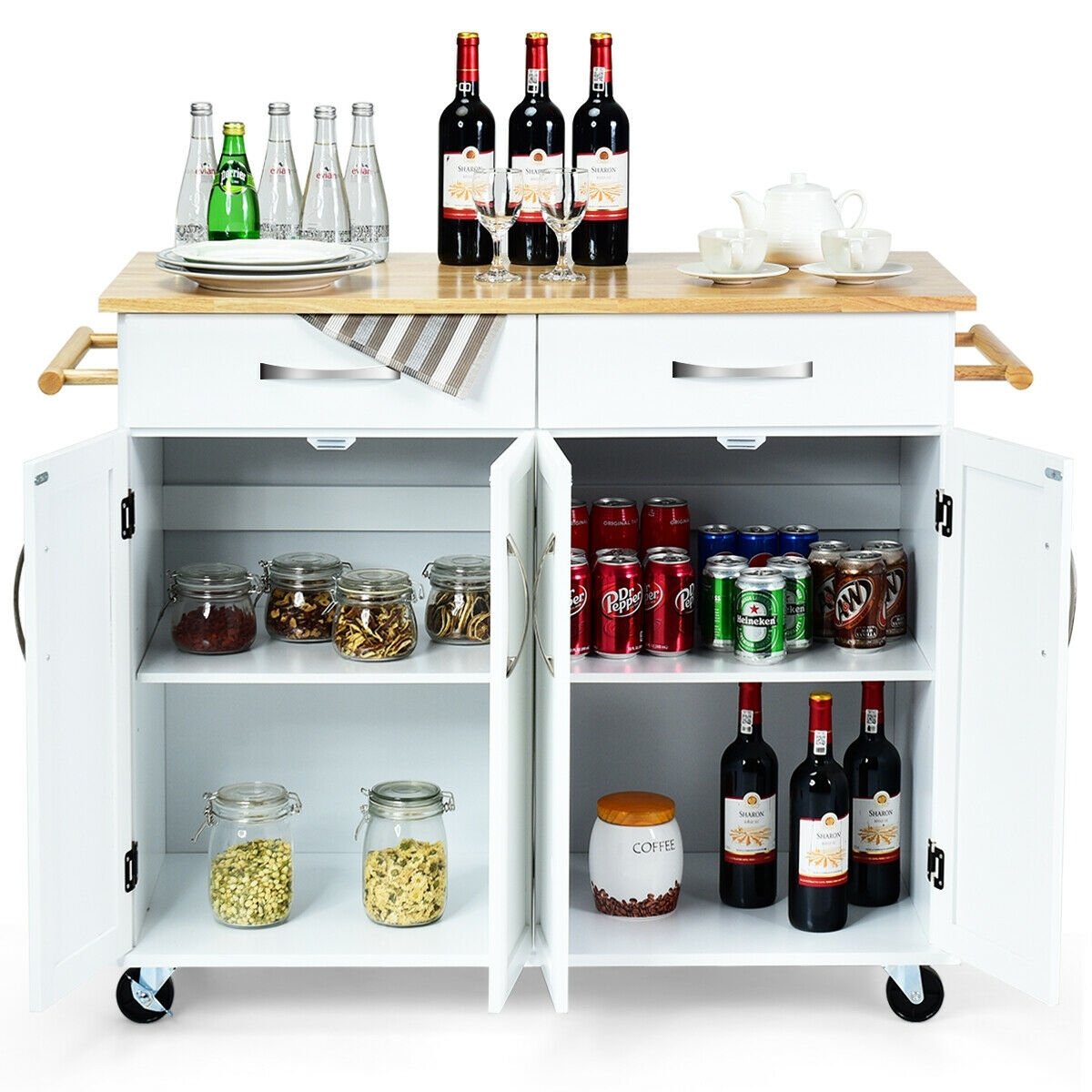 Wood Top Rolling Kitchen Trolley Island Cart Storage Cabinet, White Kitchen Islands & Carts   at Gallery Canada