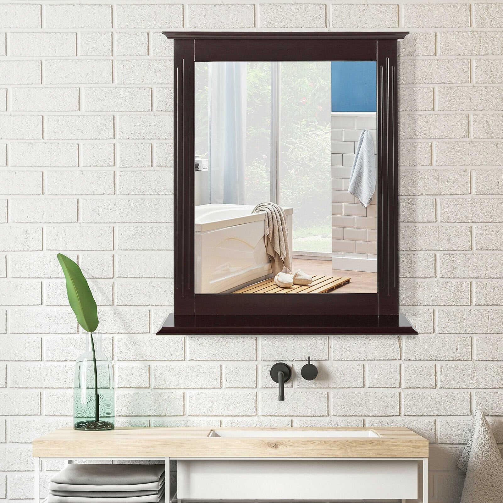 Wall-Mounted Multipurpose Vanity Mirror with Shelf, Brown Wall Mirrors   at Gallery Canada