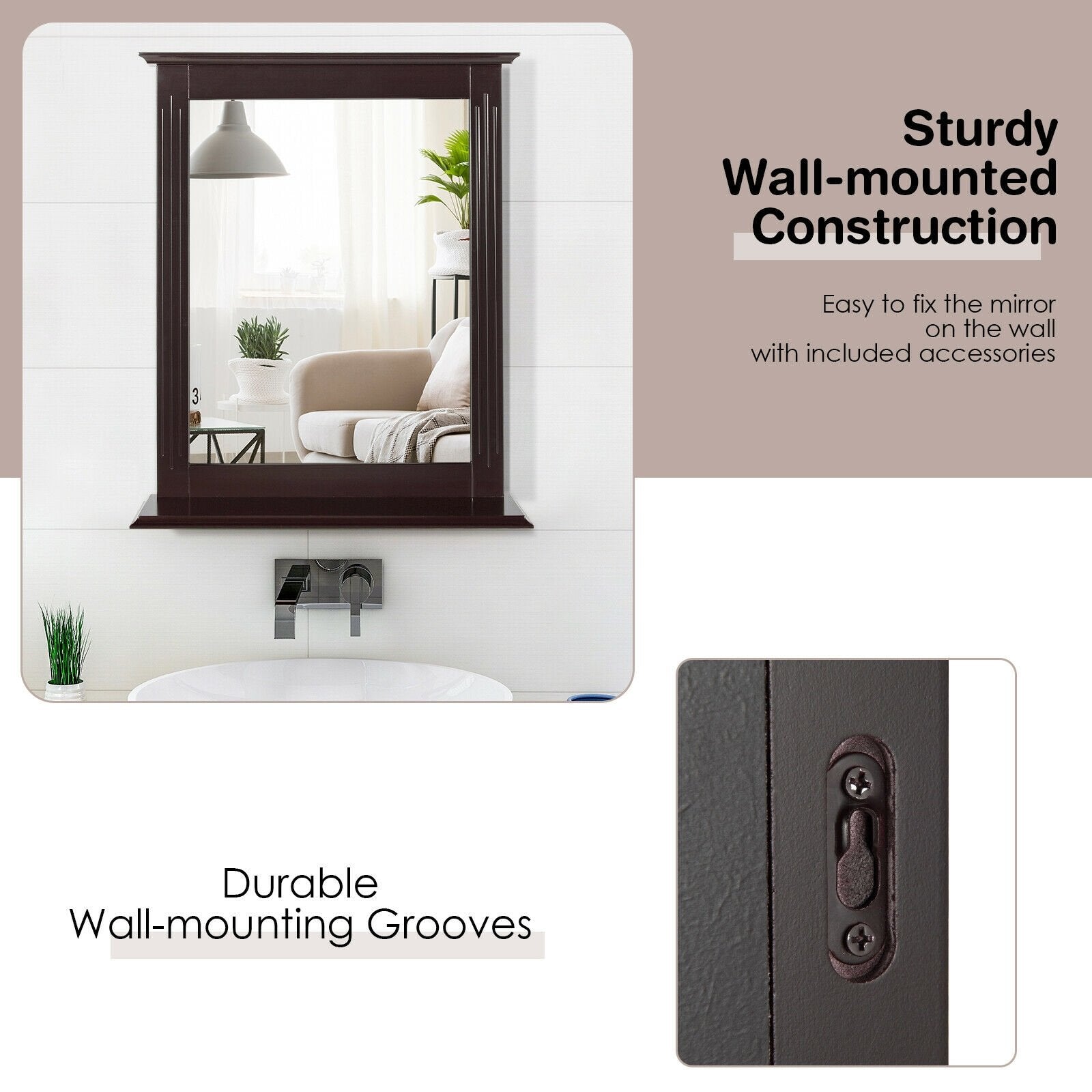 Wall-Mounted Multipurpose Vanity Mirror with Shelf, Brown Wall Mirrors   at Gallery Canada