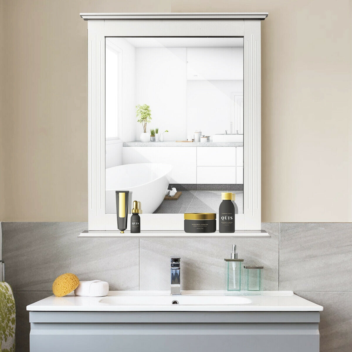 Wall-Mounted Multipurpose Vanity Mirror with Shelf, White Wall Mirrors at Gallery Canada