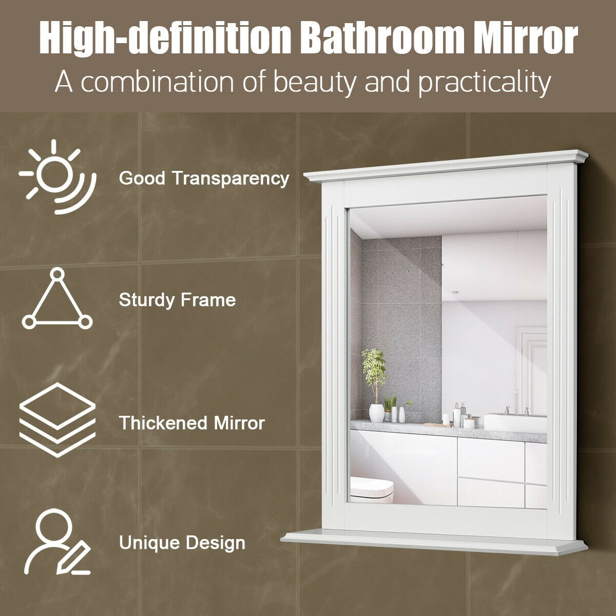 Wall-Mounted Multipurpose Vanity Mirror with Shelf, White Wall Mirrors   at Gallery Canada