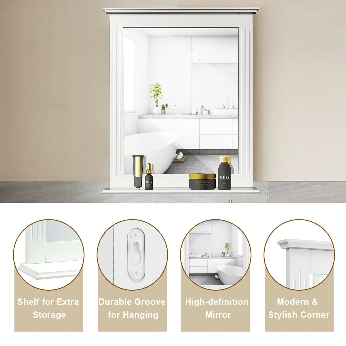 Wall-Mounted Multipurpose Vanity Mirror with Shelf, White Wall Mirrors at Gallery Canada