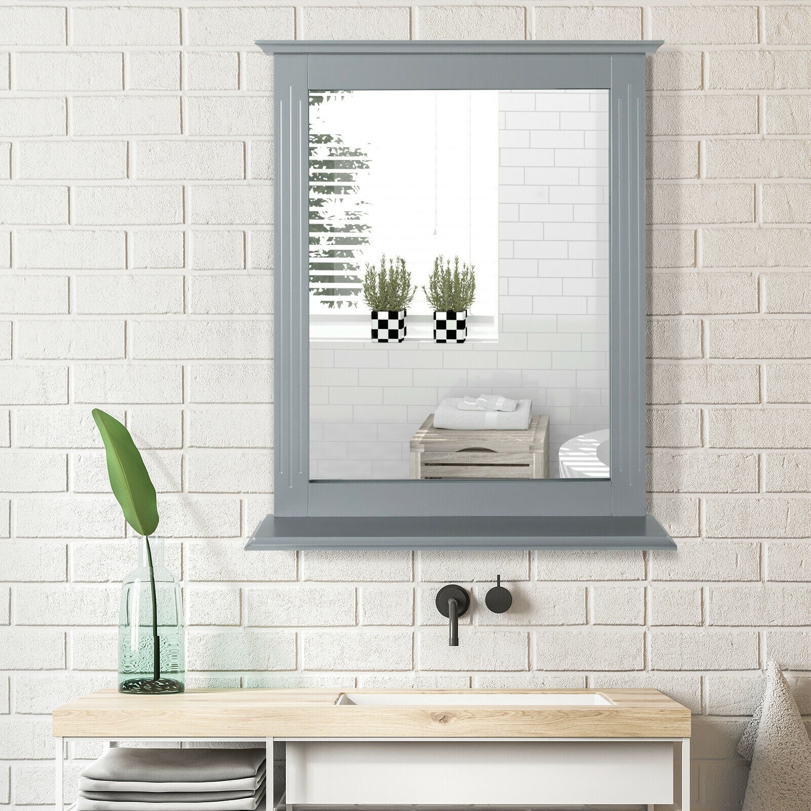 Wall-Mounted Multipurpose Vanity Mirror with Shelf, Gray Wall Mirrors at Gallery Canada
