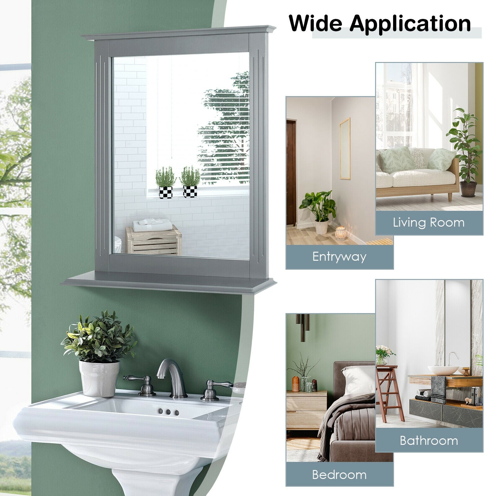 Wall-Mounted Multipurpose Vanity Mirror with Shelf, Gray Wall Mirrors at Gallery Canada