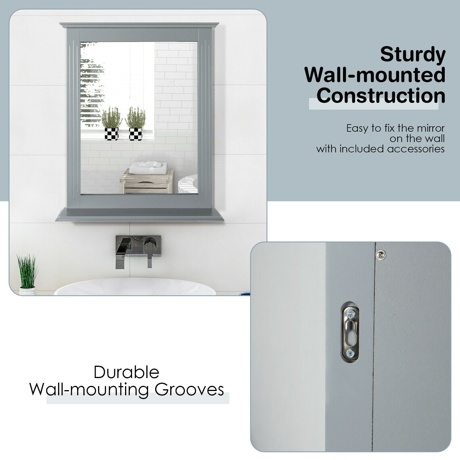 Wall-Mounted Multipurpose Vanity Mirror with Shelf, Gray Wall Mirrors at Gallery Canada