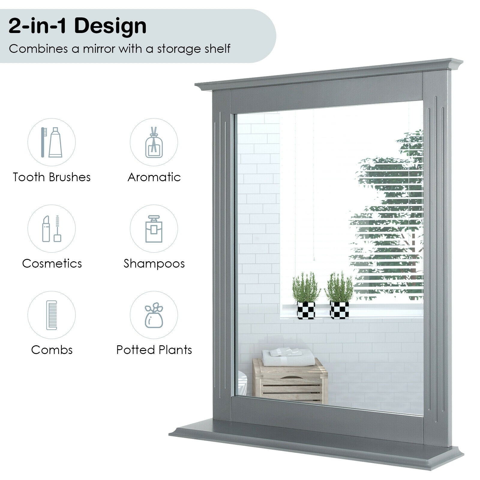 Wall-Mounted Multipurpose Vanity Mirror with Shelf, Gray Wall Mirrors at Gallery Canada