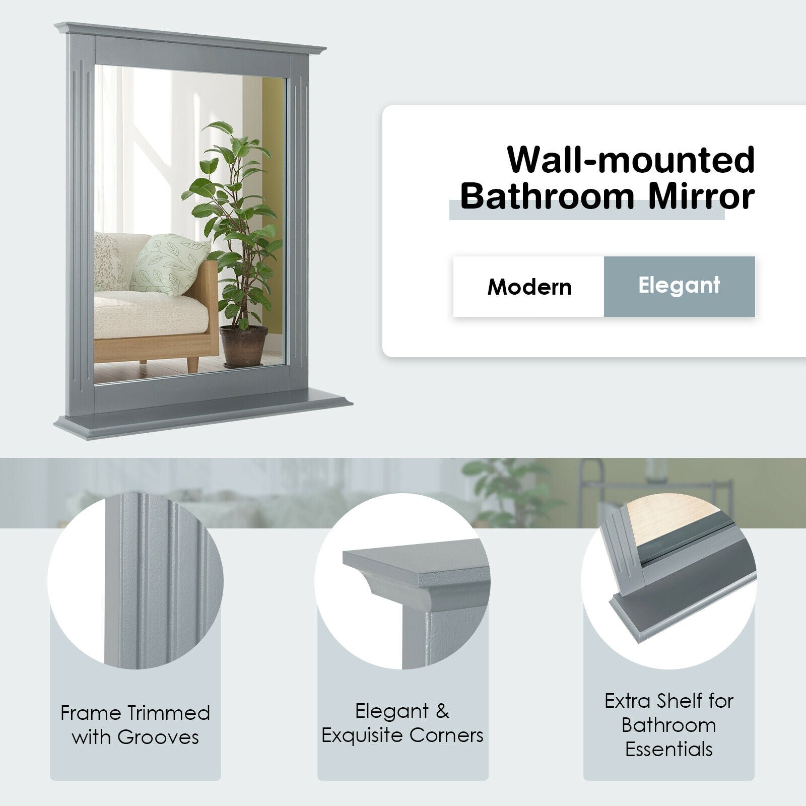 Wall-Mounted Multipurpose Vanity Mirror with Shelf, Gray Wall Mirrors at Gallery Canada