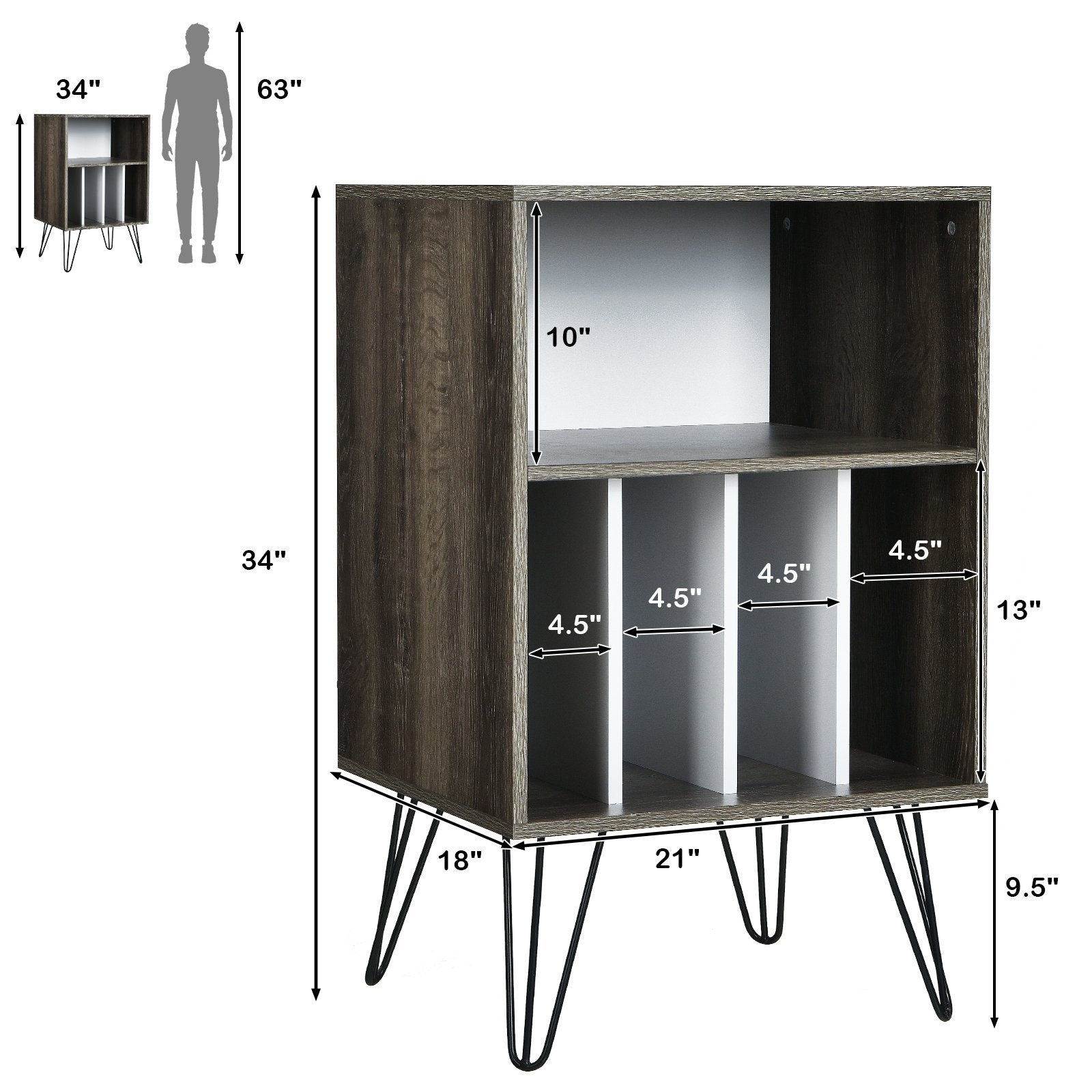 Freestanding Record Player Stand Record Storage Cabinet with Metal Legs, Gray File Cabinets   at Gallery Canada