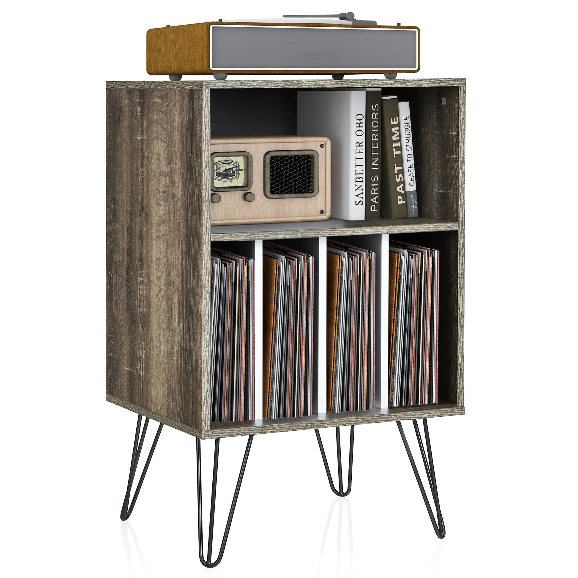 Freestanding Record Player Stand Record Storage Cabinet with Metal Legs, Gray File Cabinets   at Gallery Canada