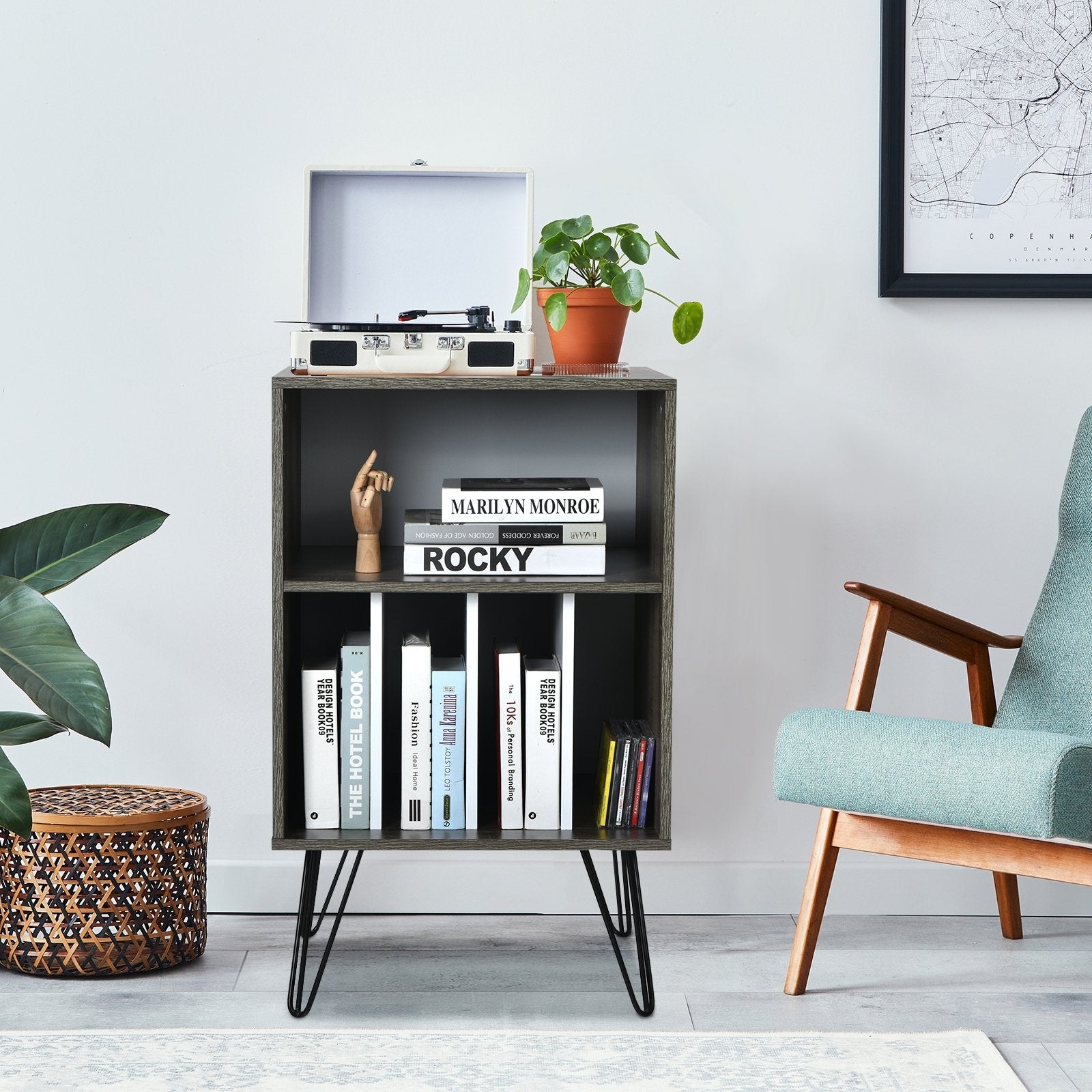 Freestanding Record Player Stand Record Storage Cabinet with Metal Legs, Gray File Cabinets   at Gallery Canada