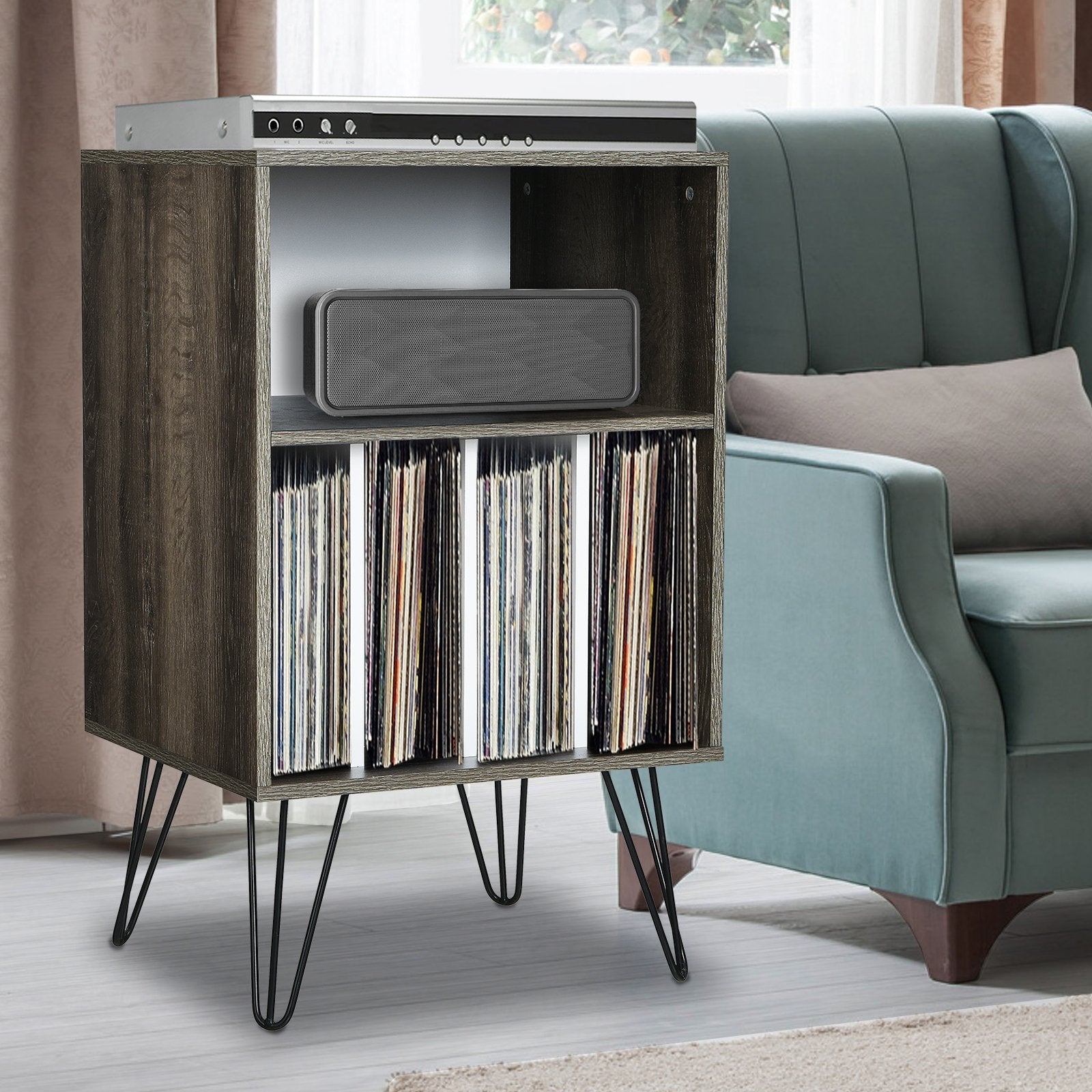 Freestanding Record Player Stand Record Storage Cabinet with Metal Legs, Gray File Cabinets   at Gallery Canada