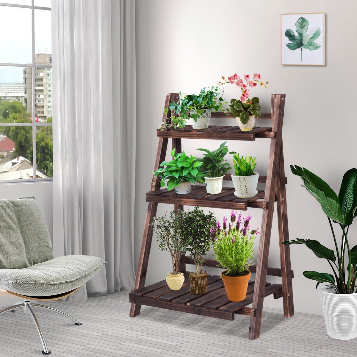 3 Tier Outdoor Wood Design Folding Display Flower Stand, Brown Plant Stands   at Gallery Canada