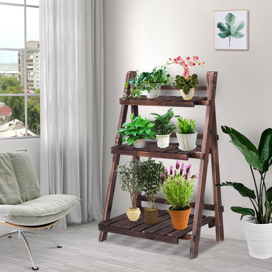 3 Tier Outdoor Wood Design Folding Display Flower Stand, Brown Plant Stands   at Gallery Canada