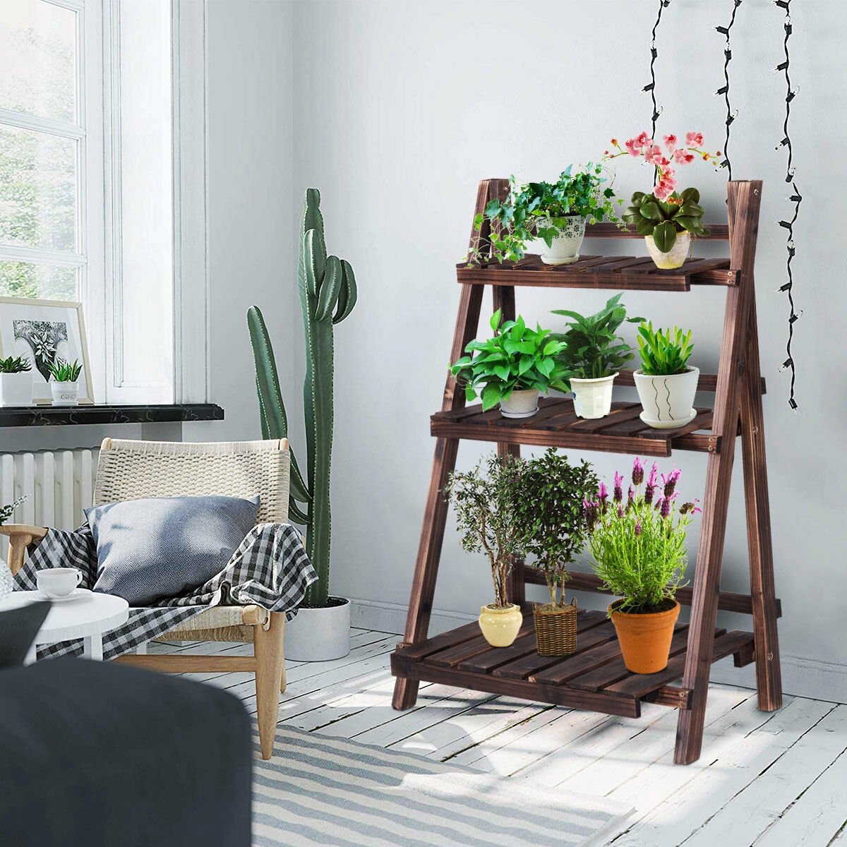 3 Tier Outdoor Wood Design Folding Display Flower Stand, Brown Plant Stands   at Gallery Canada