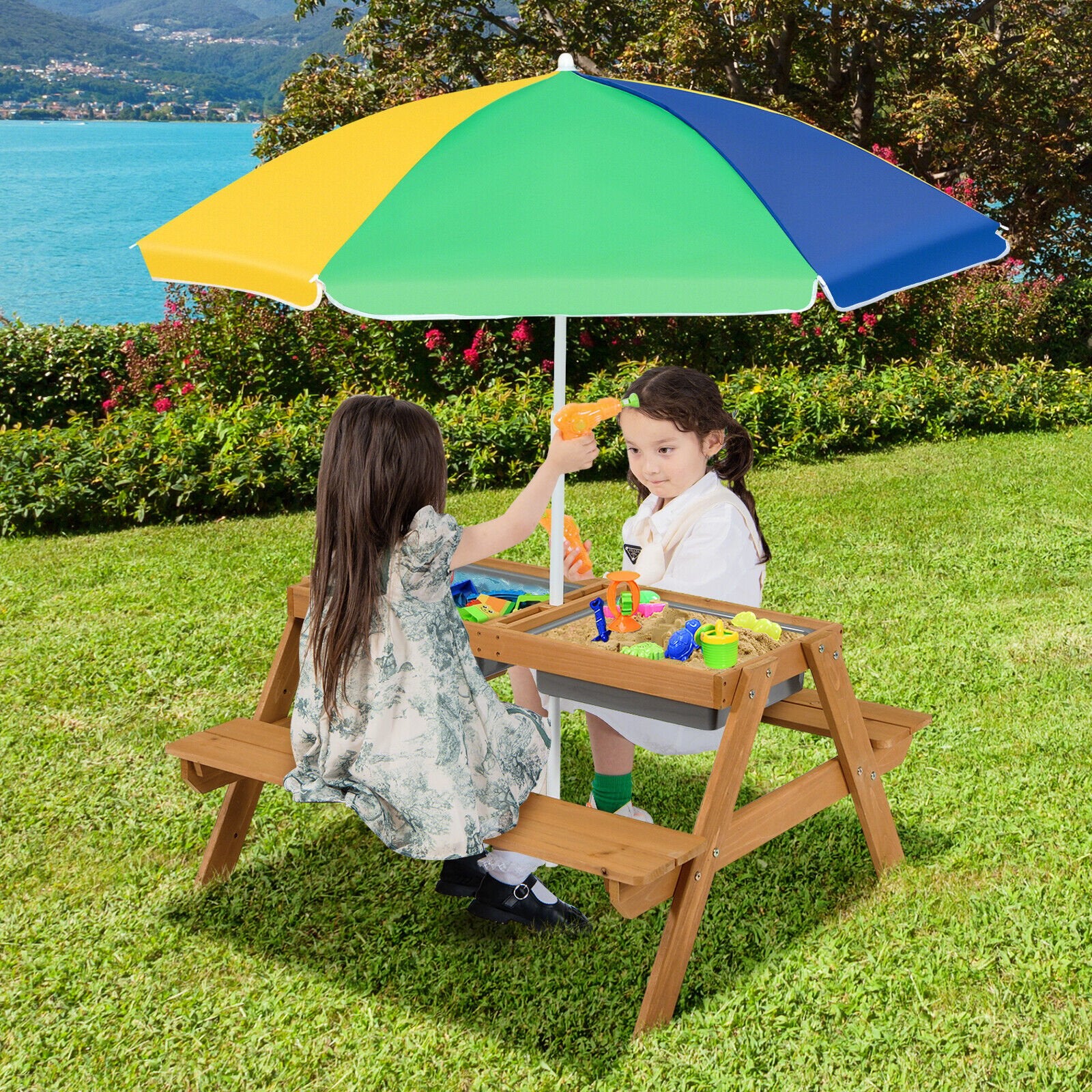 3-in-1 Kids Outdoor Picnic Water Sand Table with Umbrella Play Boxes, Yellow Kids Table & Chair Sets   at Gallery Canada