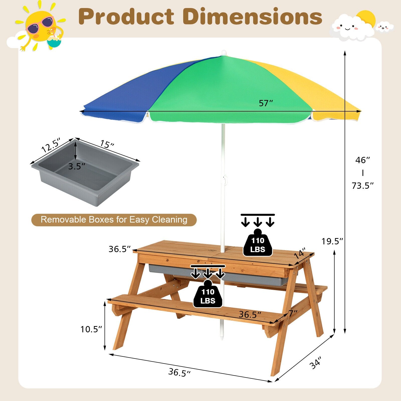 3-in-1 Kids Outdoor Picnic Water Sand Table with Umbrella Play Boxes, Yellow Kids Table & Chair Sets   at Gallery Canada