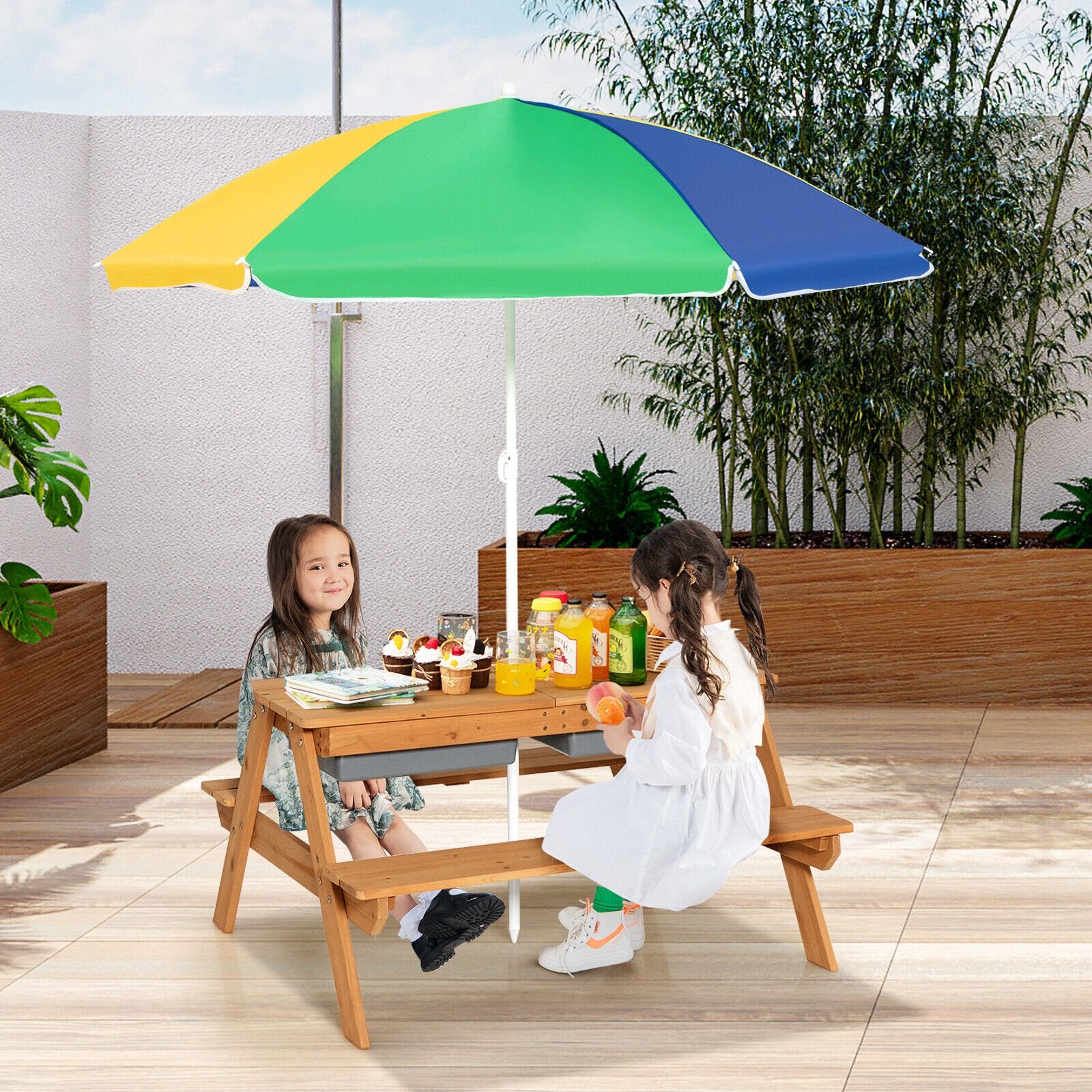 3-in-1 Kids Outdoor Picnic Water Sand Table with Umbrella Play Boxes, Yellow Kids Table & Chair Sets   at Gallery Canada