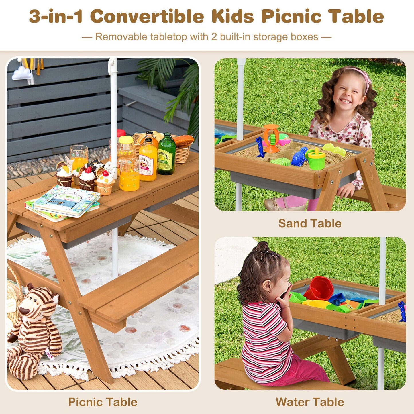 3-in-1 Kids Outdoor Picnic Water Sand Table with Umbrella Play Boxes, Yellow Kids Table & Chair Sets   at Gallery Canada