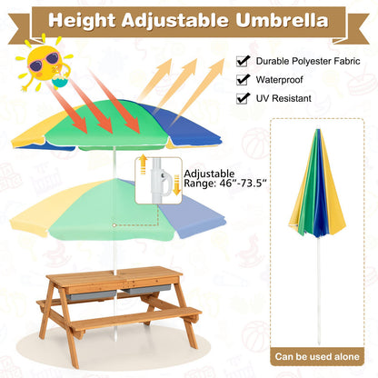 3-in-1 Kids Outdoor Picnic Water Sand Table with Umbrella Play Boxes, Yellow Kids Table & Chair Sets   at Gallery Canada