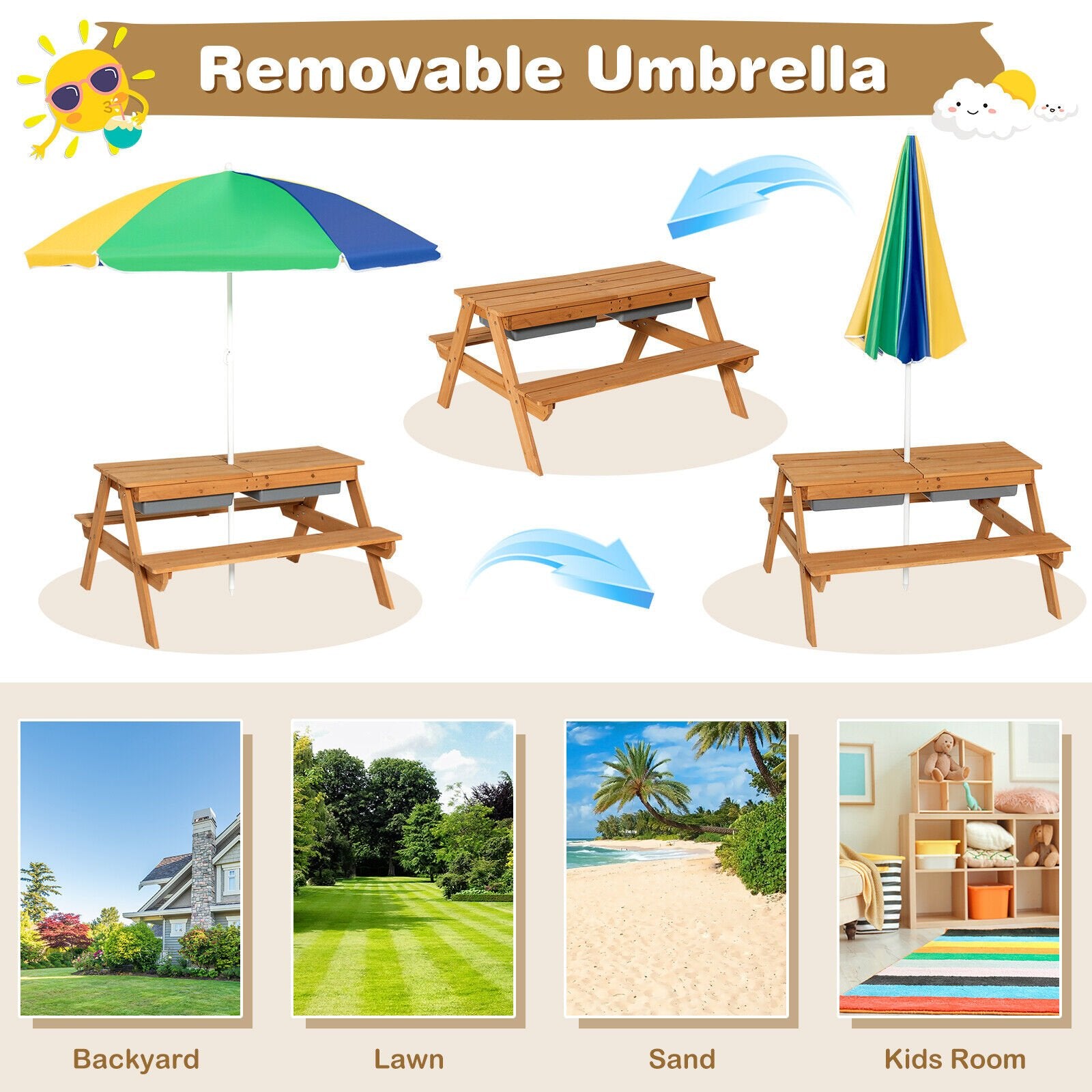 3-in-1 Kids Outdoor Picnic Water Sand Table with Umbrella Play Boxes, Yellow Kids Table & Chair Sets   at Gallery Canada